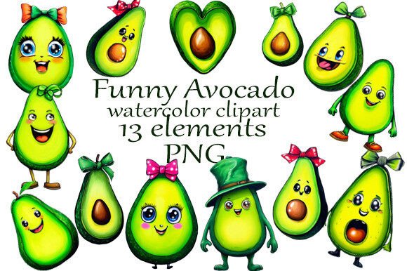 Download Watercolor Clipart Funny Avocado PNG - Watercolor Collection
