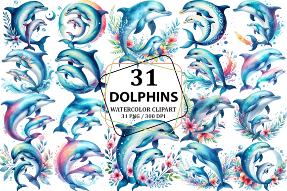 Download Watercolor Mother &amp; Calf Dolphin Clipart - Watercolor Collection